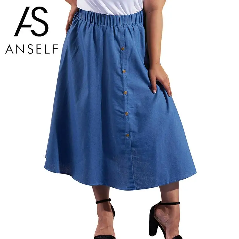 Women Denim Skirt Elastic High Waist Buttons A Line Skirt 2019 Summer