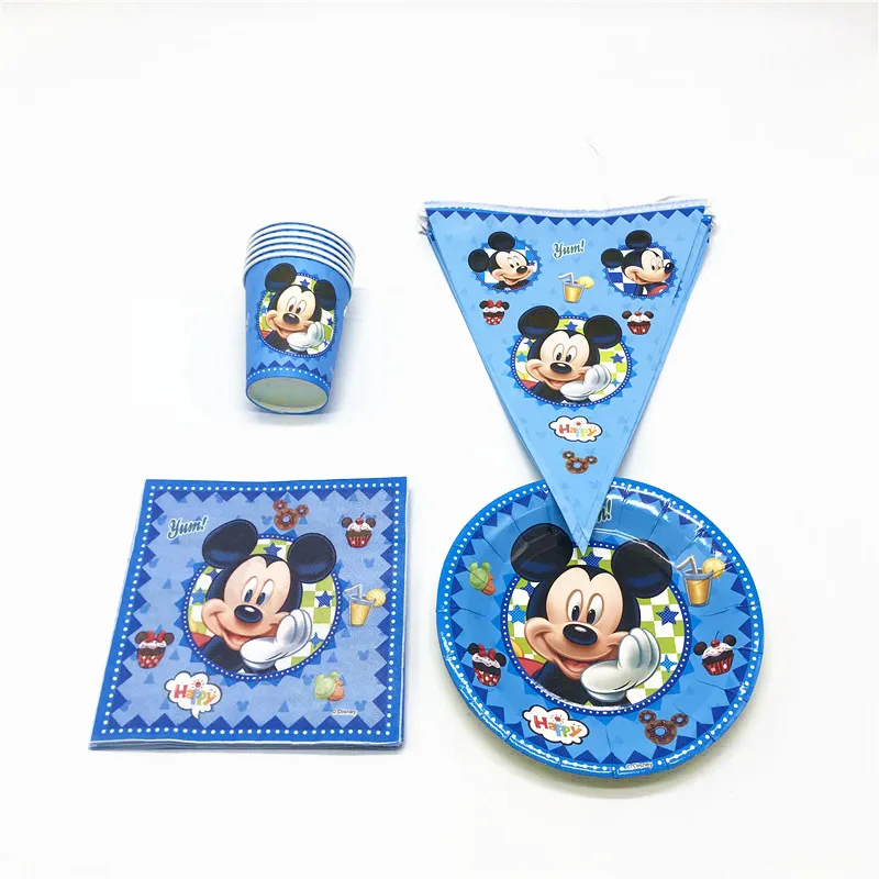 

46Pcs/Lot Disney Mickey Mouse Disposable Paper Cups+Plates Baby Shower Napkins+Flag Boy Birthday Party Banners Decoration Supply