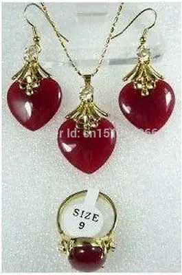 

Hot sale FREE SHIPNice Red jade Necklace Earrings Ring Set