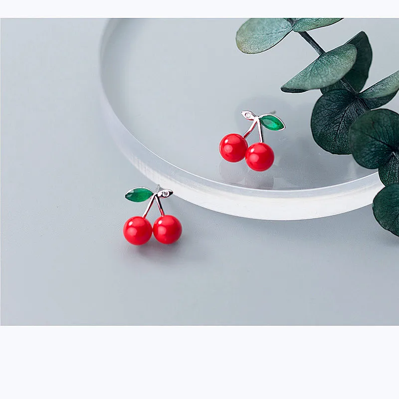 INZATT Real 925 Sterling Silver Enamel Pearl Fruit Red Cherry Stud Earrings Fine Jewelry For Women Minimalist Accessories gift