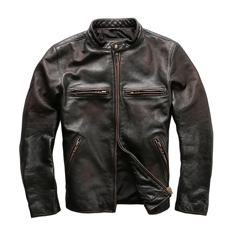 

HARLEY DAMSON Vintage Black Men Short Biker's Leather Jacket Plus Size XXXXL Slim Fit Russian Real Cowhide Motorcycle Coat