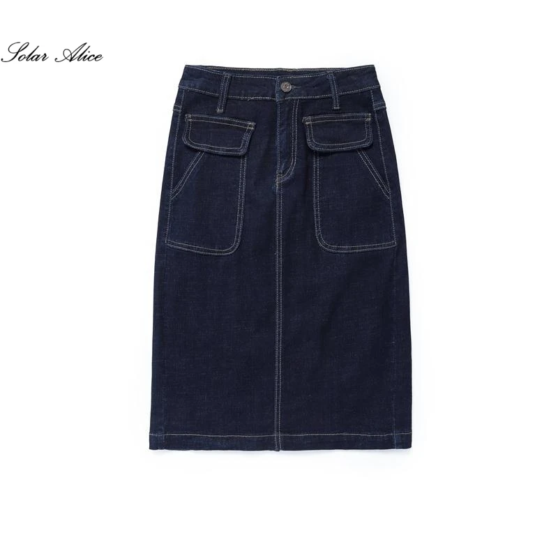 

Free Shipping 2019 New Women's Spring Summer Jeans Skirt Office Lady knee Length Denim Black Blue Skirt Plus Size 26-40