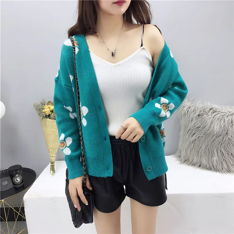 smiley sun flower blue knit sweater cardigan