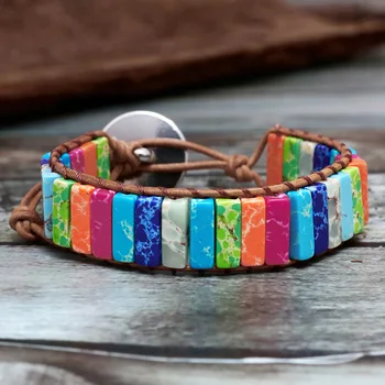 

Chakra Bracelet Jewelry Handmade Multi Color Natural Stone Tube Beads Leather Wrap Bracelet Couples Bracelets Creative Gifts