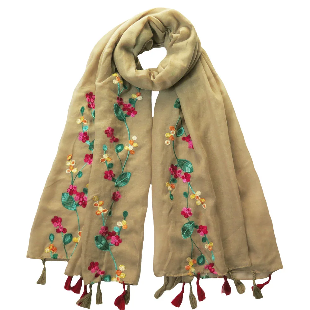 Модный Цветочный вышитый женский шарф-шаль с кисточкой, мягкий весенний светильник большого размера - Цвет: camel