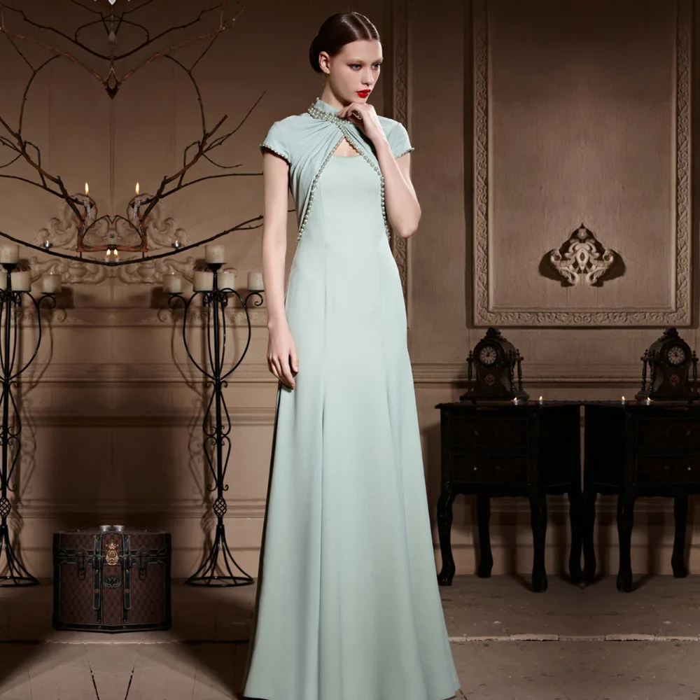 Coniefox 81989 Round Neck Cap Sleeves Long Evening Dress Maid of Honor