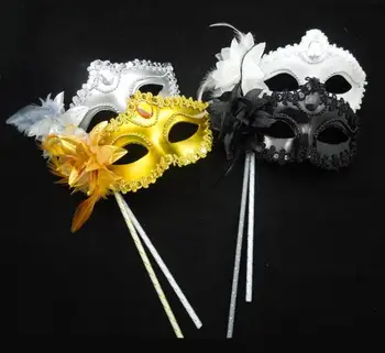 

50pcs/lot New handmade plastic with flowers and feather 4 colors elegant masquerade ball masks on sticks SN632