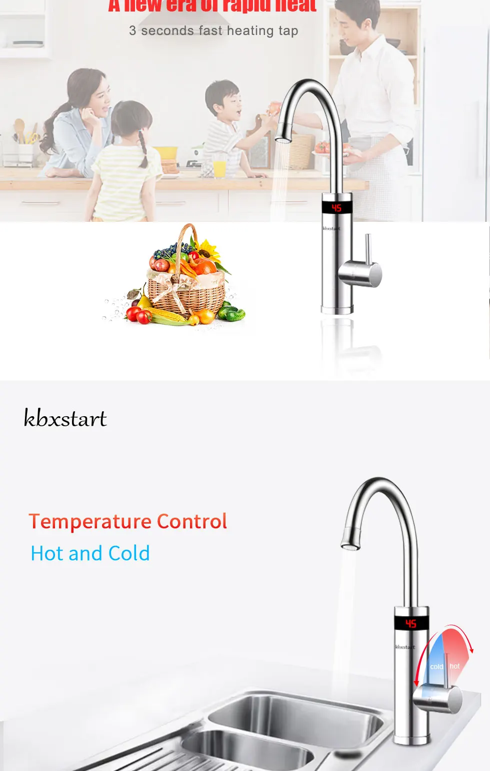 Kbxstart нержавеющая сталь кухня Электрический водонагреватель кран 360 градусов вращения со светодиодным дисплеем горячая холодная вода