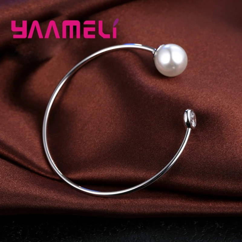 Vintage 925 Sterling Silver Charming Cuff Resizable Bracelet Bangles Women AAA Zircon Pearl Jewelry Fashion Accessory