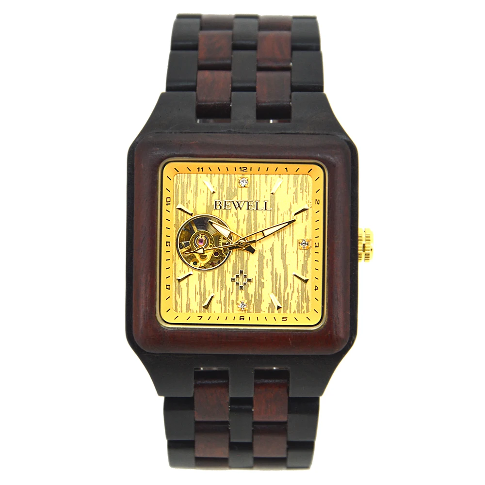 BEWELL الرجال الميكانيكية ووتش الفاخرة ساعة جميلة العلامة التجارية تصميم اليدوية خشبية الميكانيكية ووتش الكلاسيكية الرجال أعلى تصميم 132A