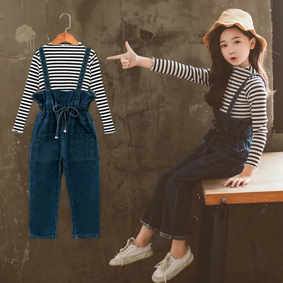  2019 New Brand Christmas Baby Girls Clothes Outfits Stripe T-shirt+Overall Blue Jeans Spring Autumn