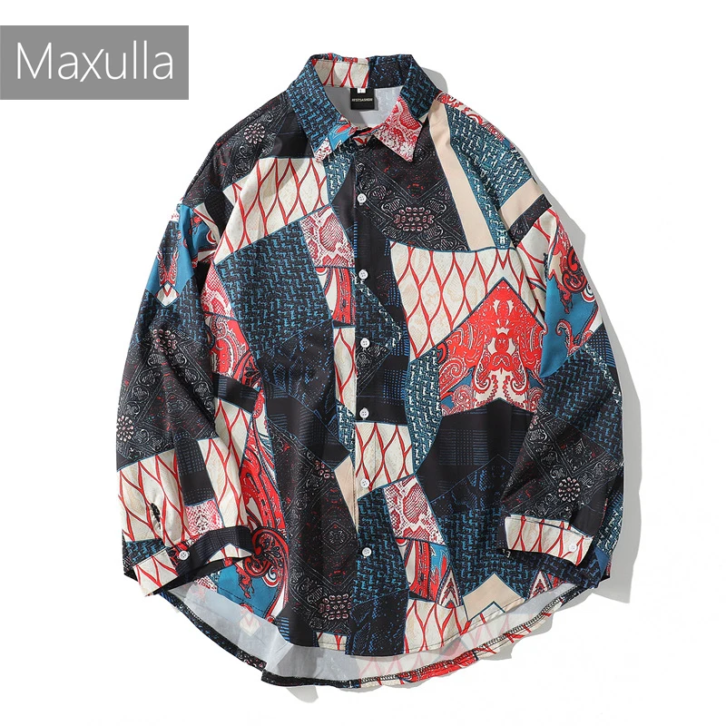 

Maxulla Men's Long Sleeve shirt print single breasted Hip Hop stlye casual shirts Oversized Streetwear Mla004
