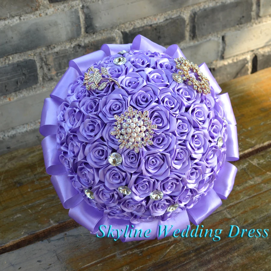Реальные фотографии Великолепная Алмазная Свадебная лампа "Цветы" фиолетовый шелк свадебные букеты искусственный Кристальный свадебный букет
