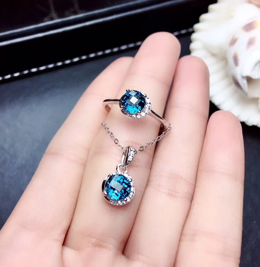 

Fashion simple small round Natural blue topaz gem Ring Pendant Natural Gemstone Jewelry Set 925 Silver Women party gift jewelry