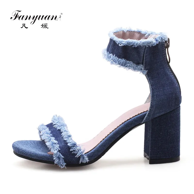 

Fanyuan Sexy Open Toe Chunky Women shoes blue denim Fringe women's sandals square high heels casual ladies summer shoes