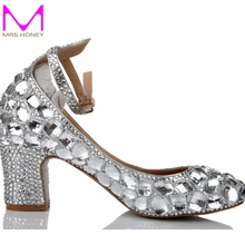 2016 silber Strass Hochzeit Schuhe Blockabsatz Geschlossen Toe Prom Partei Schuhe Aus Echtem Leder Ankle Straps Handgemachte Brautschuhe