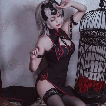 

Fate Grand Order Joan of Arc Jeanne d'Arc Cosplay Costume Chinese Black Cheongsam Unifor Women Sexy Halloween Party Long Dress