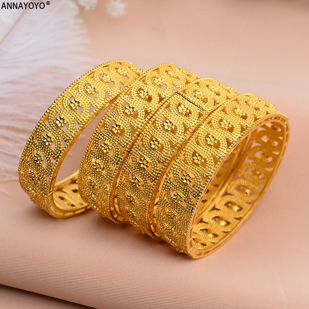 Annayoyo Middle East Arab Dubai Bangle Bracelet for Women African Gold Color Jewelry Trendy Gifts(4PCS/LOT