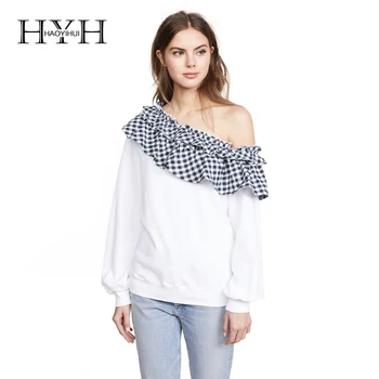 

HYH HAOYIHUI 2018 Women One Sholder Plaid Frill Color Block Sweatshirts Fashion Neckline Long Puff Sleeve Sexy Tops