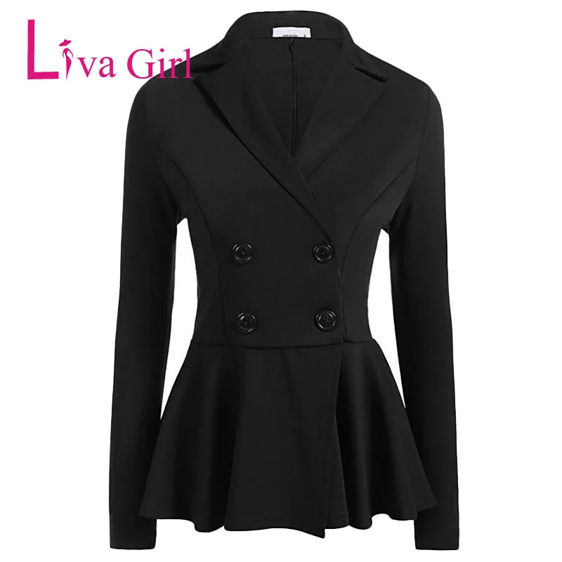 LIVA GIRL элегантный офисный двубортный Блейзер размера плюс для женщин, весеннее пальто с длинным рукавом, белый, красный, черный, для работы, приталенная куртка XXX - Цвет: Black