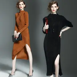 Бесплатная доставка Осень Новый стиль ретро Стенд шеи сплошной цвет с длинными рукавами асимметричное платье в наличии