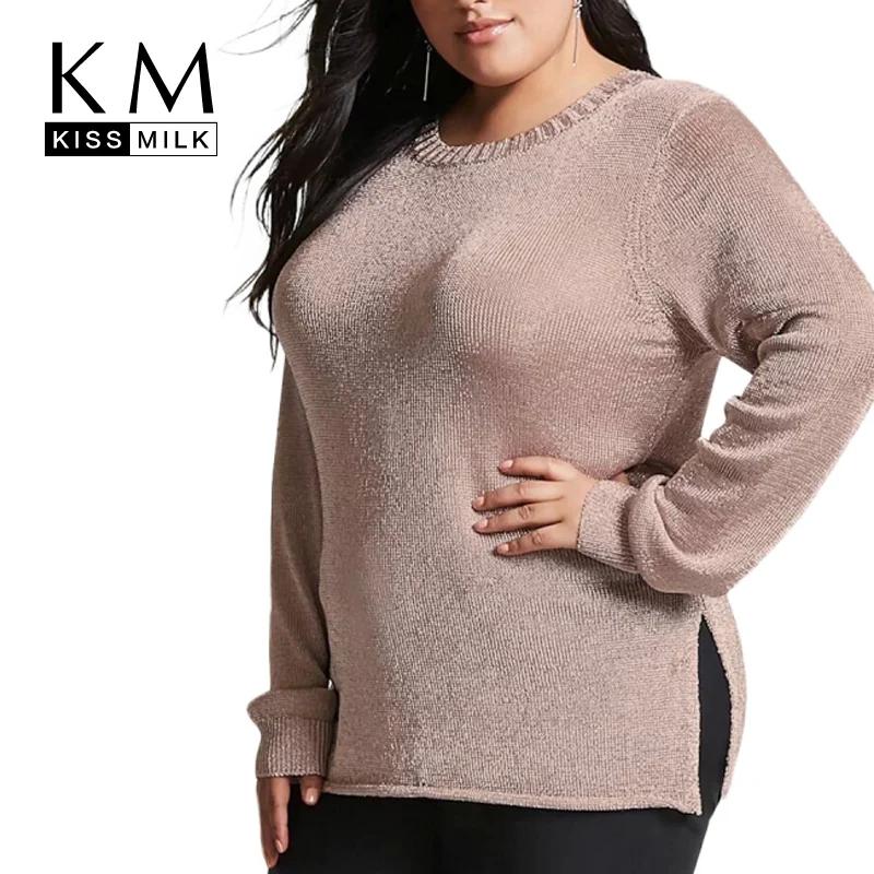 

Kissmilk 2018 Plus Size Women Solid Sweaters O-Neck Long Sleeve Pullovers female Casual Sweater Big Large Size Lady Sweaters