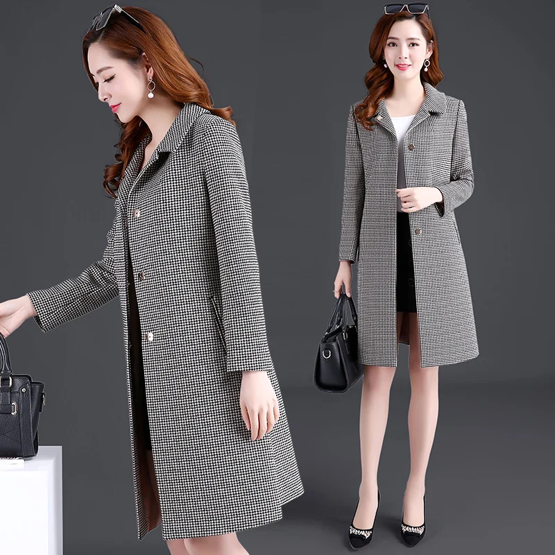 

Spring New autumn Houndstooth coat Large size Women Wool long coat Long sleeve lattice woolen coat high quality Ladies coats