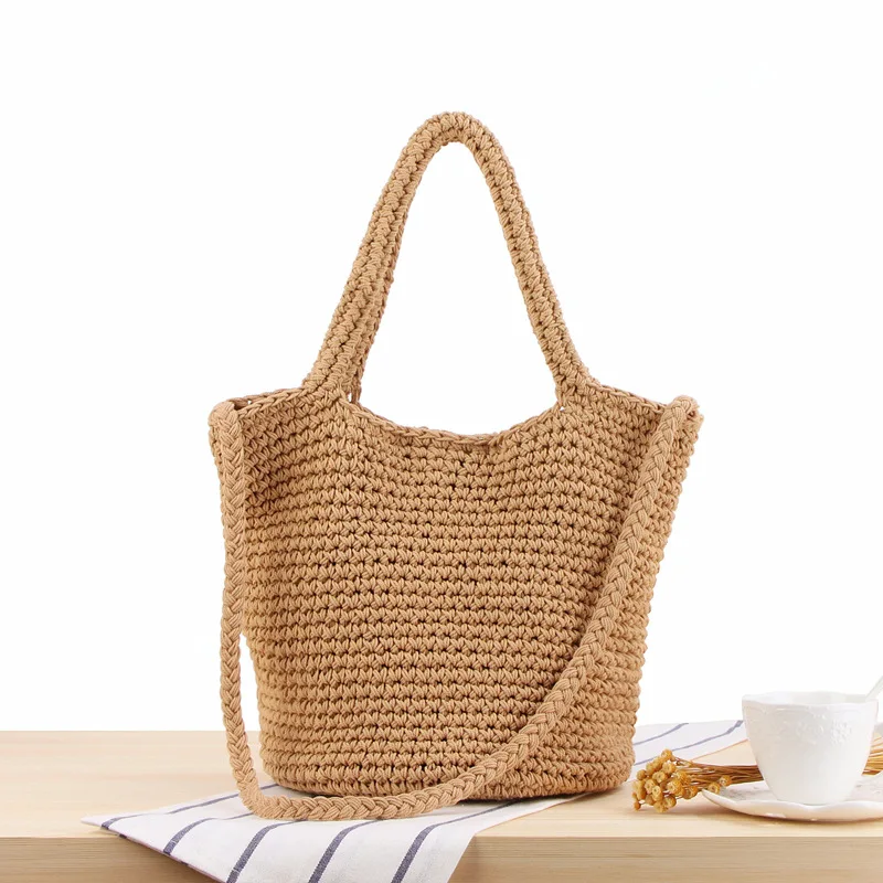 

Bohemian Style Women Cotton Weaving Tote Straw Beach Bag Draaw String Shoulder Bag Crossbody Big Casual Bag
