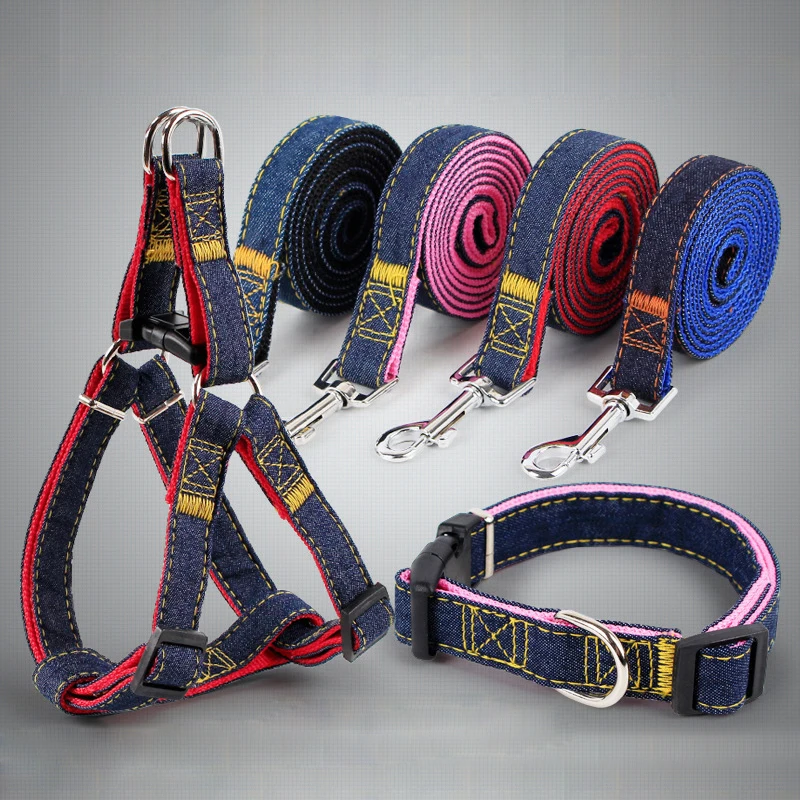 

120cm Long Fashion Denim Nylon Small dog collar and leash set Puppy Dogs Harnesses Lead Set Rope Belt Adjustable Collar for Pets
