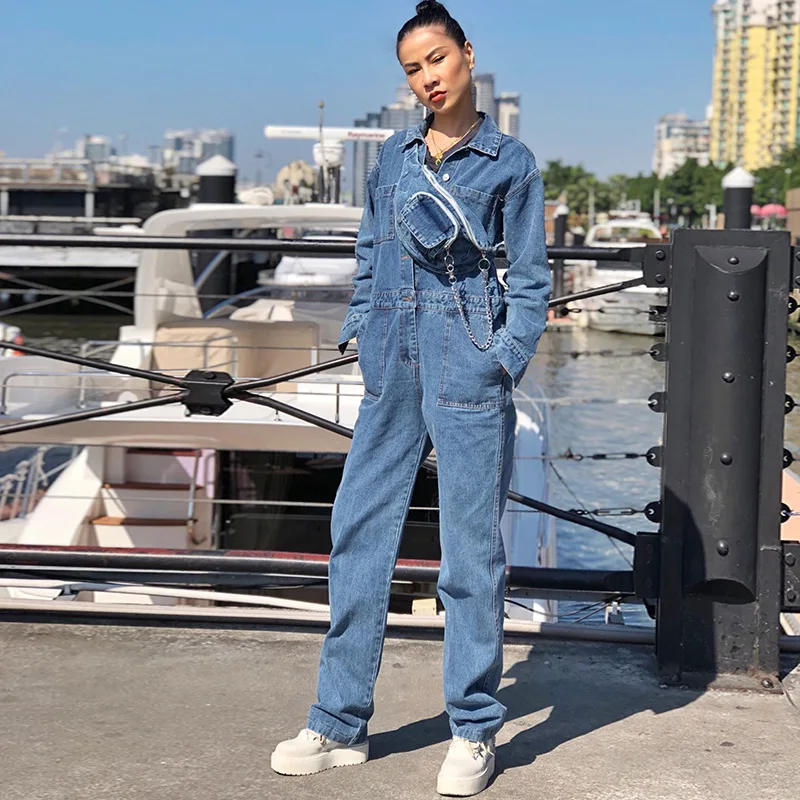 Fall Denim Jumpsuits Women Lapel Long Sleeve High Waist Wide Waistband Women's Romper Safari Style Jumpsuit with Waist Bags