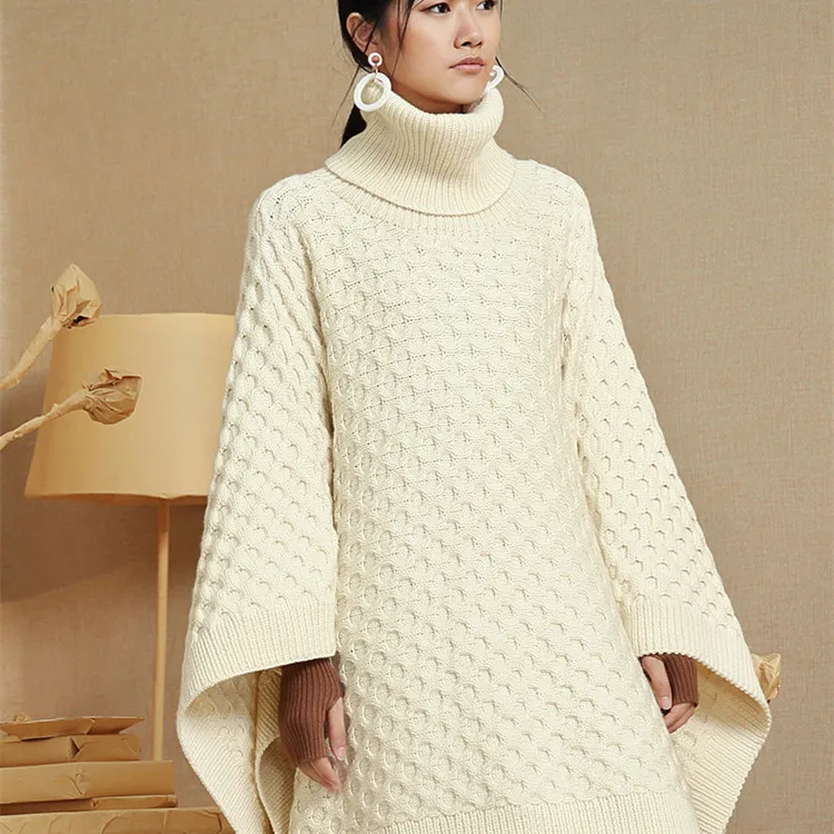  top grade 100%hand made pure wool knit women fashion turtleneck batwing sleeve long cloak sweater s