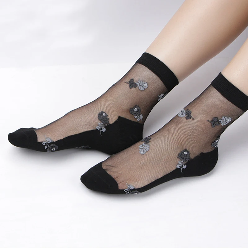 1 пара, женские тонкие прозрачные носки из прозрачного шелка с кристаллами мягкие эластичные кружевные хлопковые носки для девушек летние носки с цветочным принтом