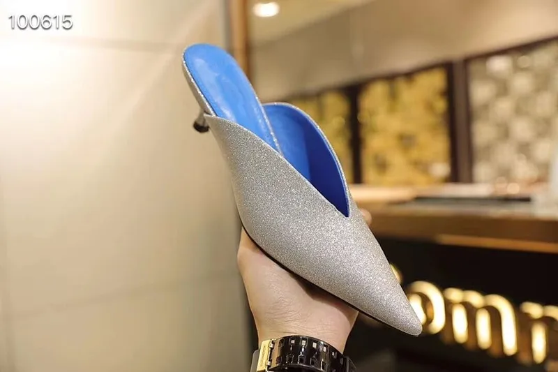 

Summer Sexy Thin Heels Slippers Mules Closed Toe Slingback Brand Glitter Slides Flip Female Silver Sequins Slippers