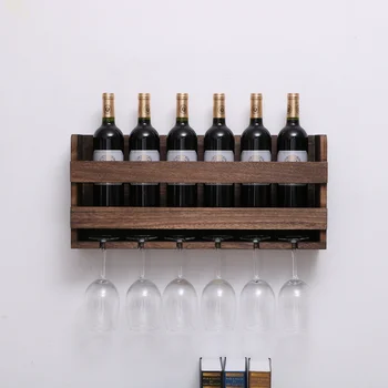 

Simple modern European glass frame retro wooden wall hanging wine rack upside down creative home goblet rack wx8071532