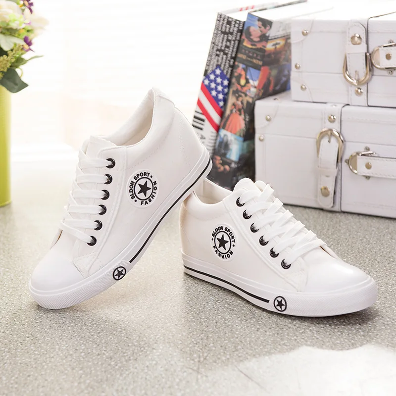 Designer Korean White Platform Sneakers Wedge Canvas Shoes Hidden Heel ...