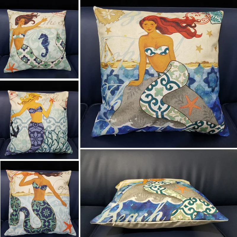 

Blue Marine Style Mermaid Painting Pattern 45x45cm Coffee House Chair Waist Decorative Cushion Cover Bedroom Throw Pillowcase