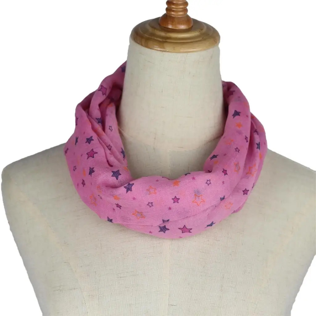 

Women pink ring scarf star Printed Snood infinity Scarves Ladies Twill Viscose Infinity loop Scarfs summer