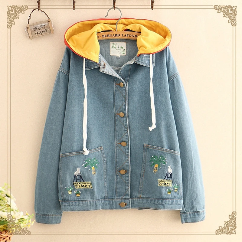 

Casual Womens Hooded Jean Jackets Tops Cartoon Embroidery Female Ladies Basic Bomber Denim Jacket T513