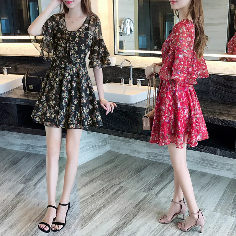 2017 New Arrival Summer Women Dresses Flare Sleeve Floral Print Beach Dress Slim Elegant Chiffon Dress Fashion High Quality