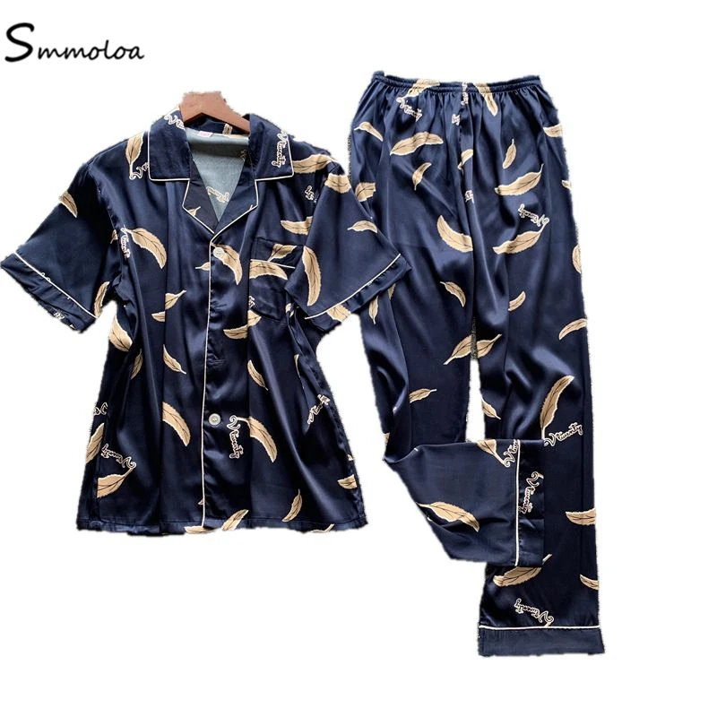 

Smmoloa Short Sleeve Big Size Silk Pajama Set Two Pieces Set Men Women Pyjama