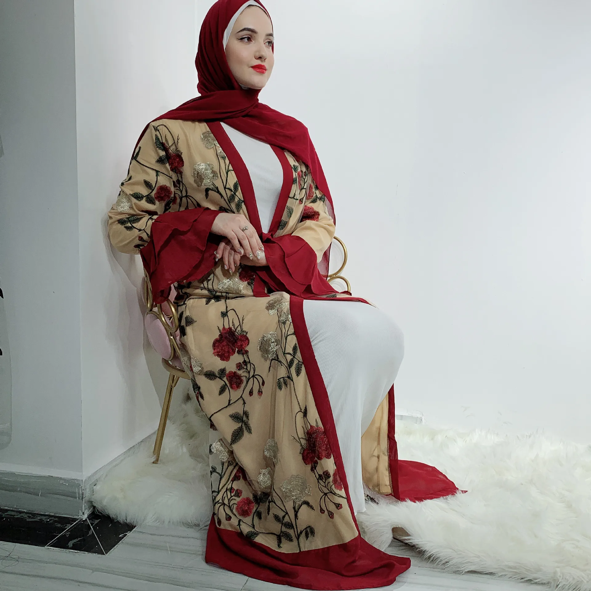 Вышитый кружевной женский мусульманский кардиган «абайя» Jilbab расклешенный кафтан свободные арабские Макси Ropa islam ica Mujer islam молитвенная