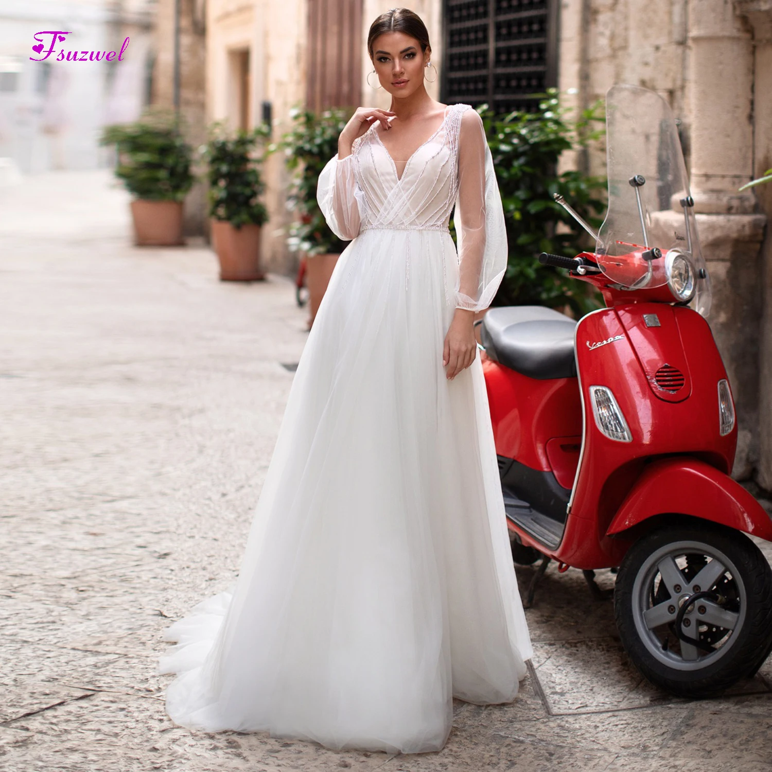 

Fsuzwel New Arrival V-Neck Pleated Backless A-Line Wedding Dresses 2020 Luxury Beaded Long Sleeve Princess Bridal Gown Plus Size