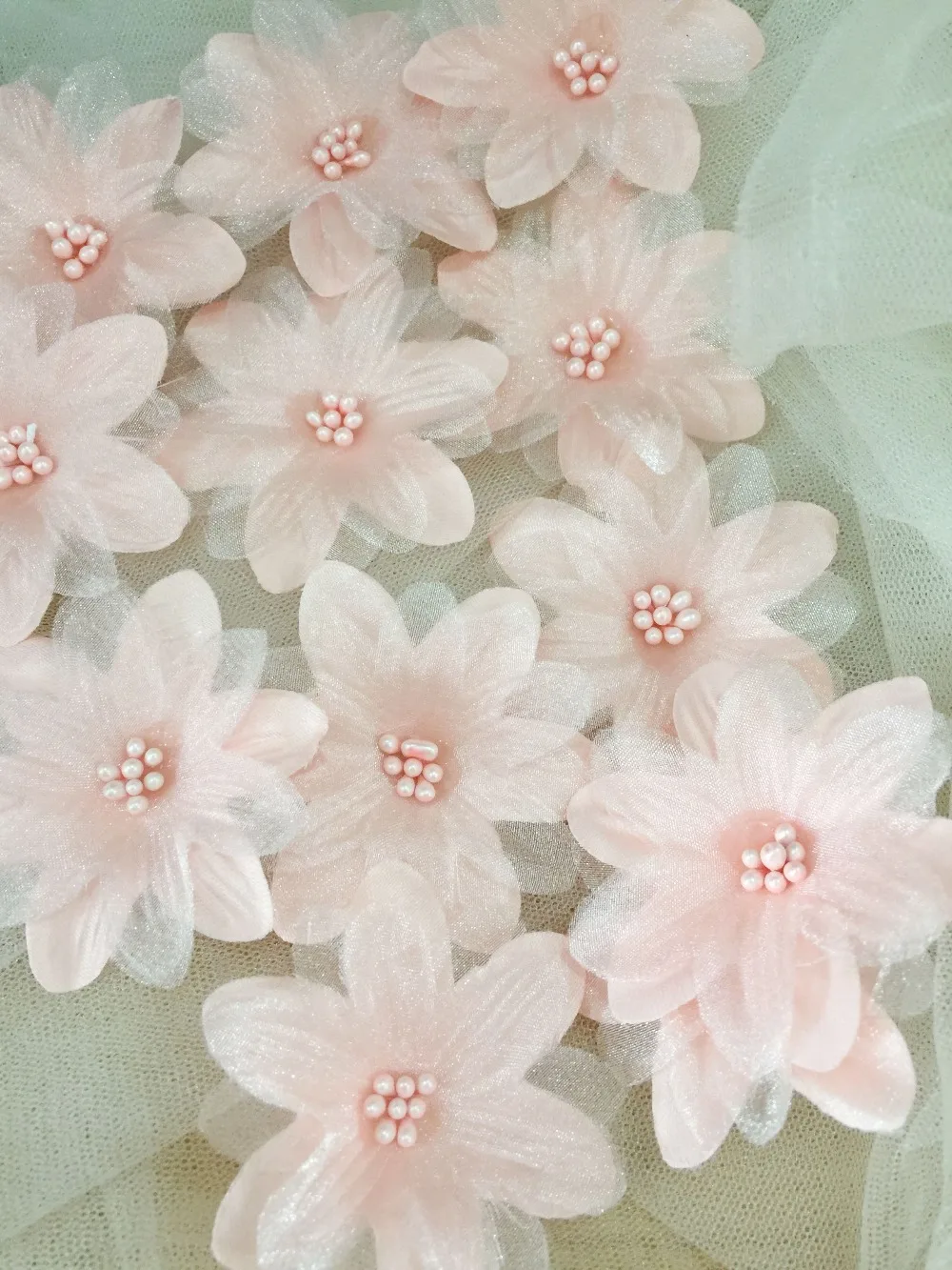 

30 pieces Peach Pink 3D lace applique motif, vivid sequin organza lace applique for baby headband, tutu skirts