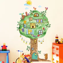 Ручная роспись, цветные Мультяшные наклейки на стену, животные, дерево, дом, птицы, облака, декоративные наклейки на стену для детской комнаты, сделай сам, наклейка для спальни
