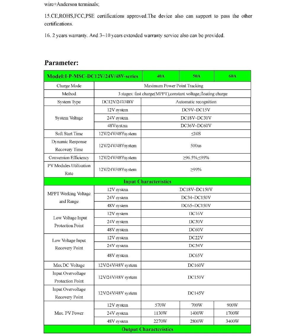 Specification of 12V 24V 48V MPPT Solar Charge Controller of Shenzhen Ipanda__3