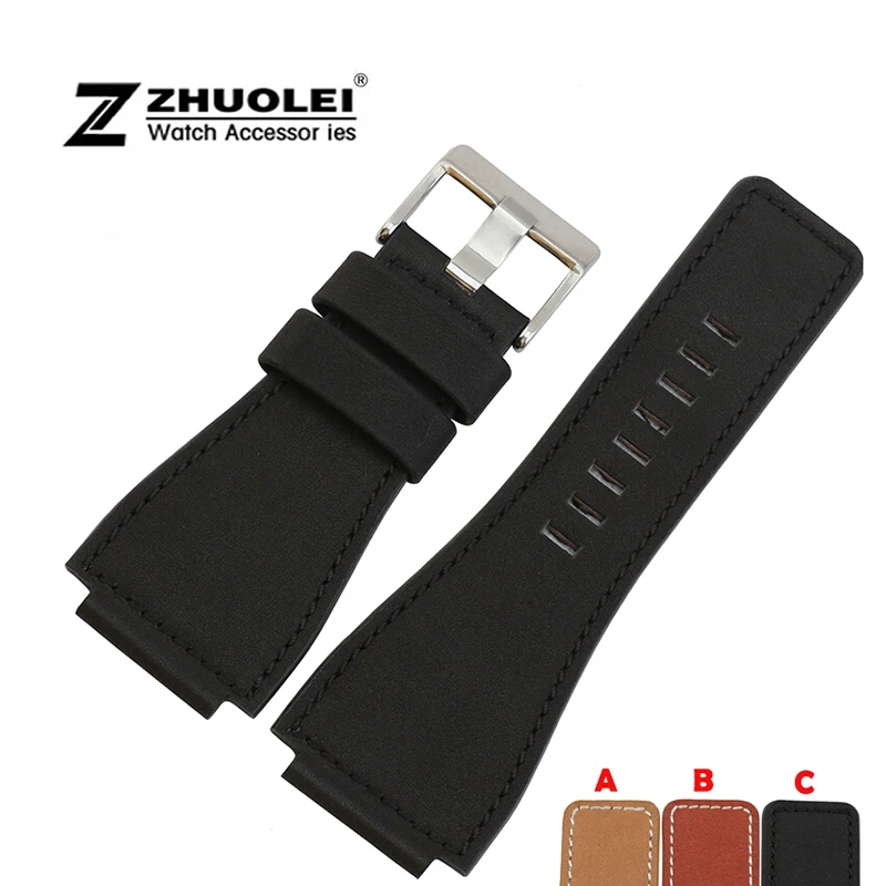34*24mm lug end Genuine Leather Watch Strap Band Mens with Stainless Steel Buckle For BR01 BR03