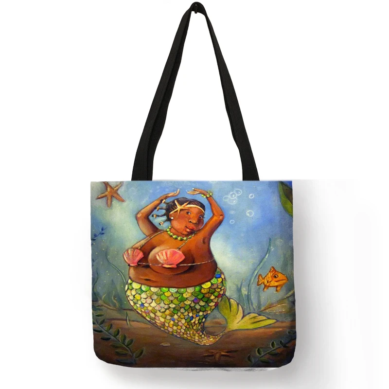 

Creative Mermaid Art Print Tote Bags For Women Linen Shopping Bags Traveling Pouch Beach Bags Dropshipping