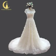 JIALINZEYI Real picture Luxurious Short Sleeves Flowers Beads with Crystal A-line Bridal Wedding dresses Wedding gown