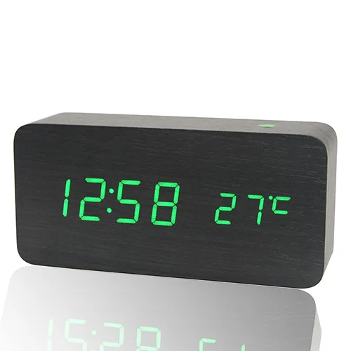 Деревянный светодиодный Будильник с современным стилем контроля температуры и звуков, светодиодный Календарь, электронные настольные цифровые настольные часы - Цвет: Black green