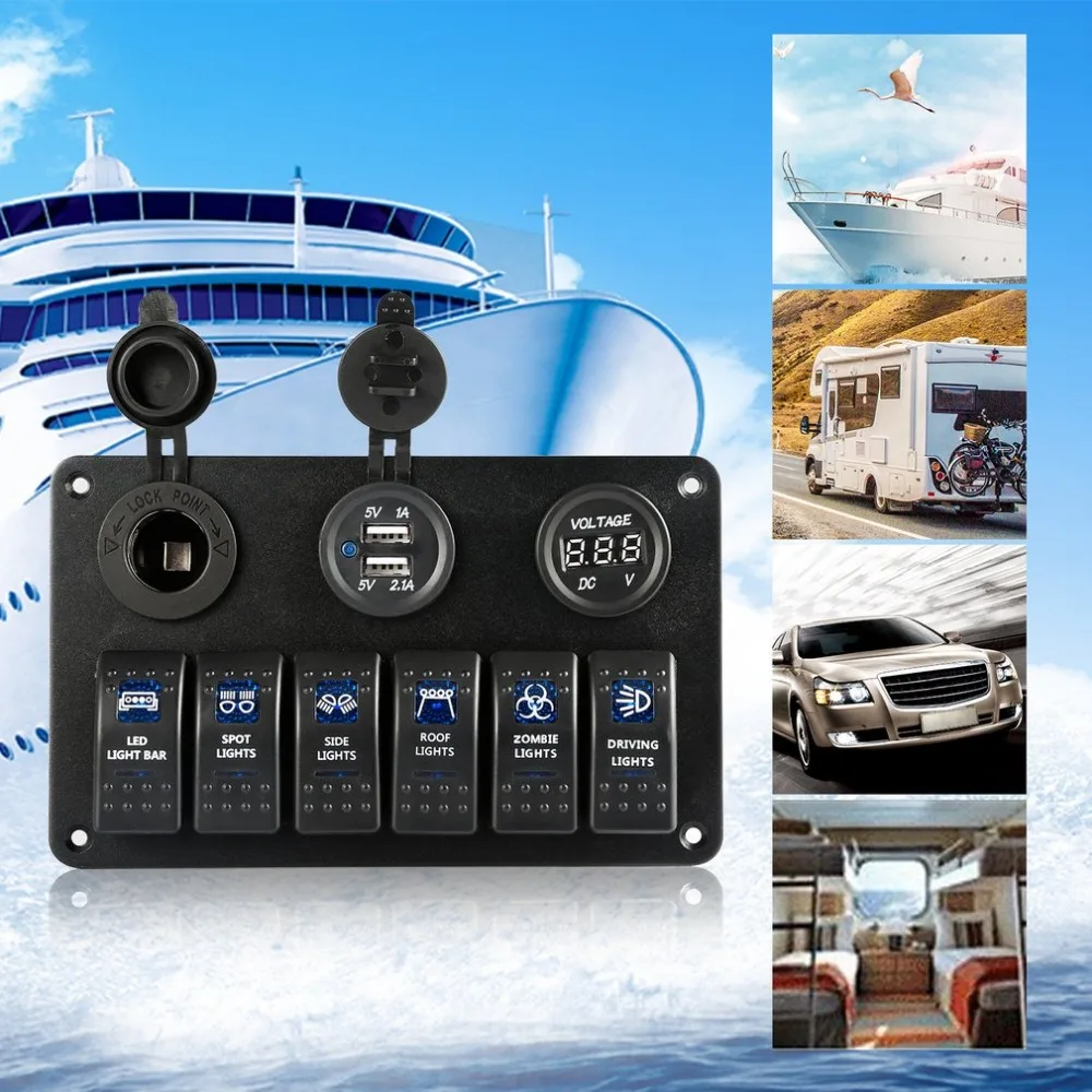 

hot 6 Gang Car Marine Boat Circuit Blue LED On/Off Rocker Switch Panel IP68 Waterproof 6 Rocker Switch Overload Protection